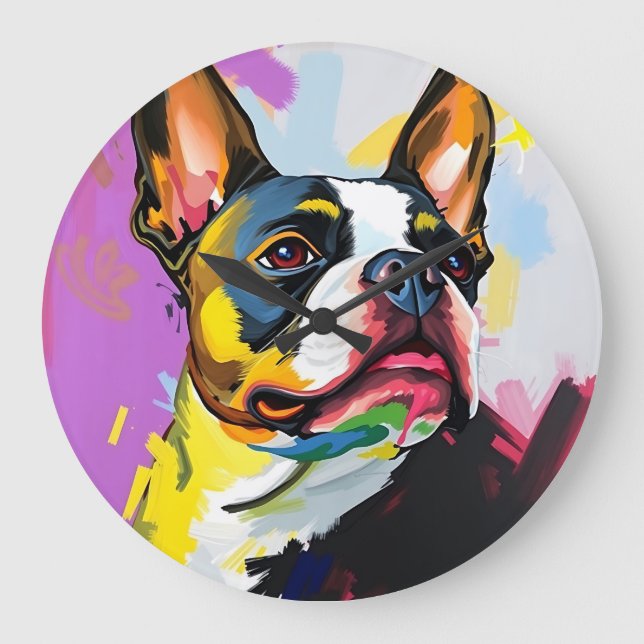 Expressive Boston Terrier Abstrakt Große Wanduhr (Vorderseite)