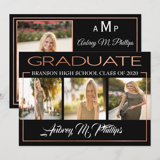 Exquise Rose Gold Graduation Invitation (Devant / Derrière)