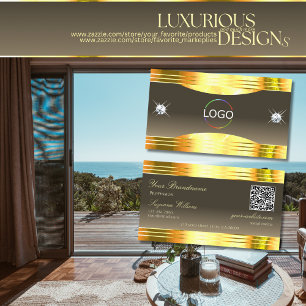 Exquisit Beige Brown Gold Borders Logo QR Code Visitenkarte
