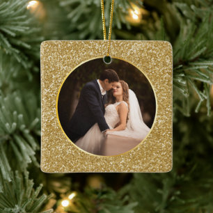 Exquisit Gold Gem Facet Foto Erstes Weihnachtsfest Keramikornament