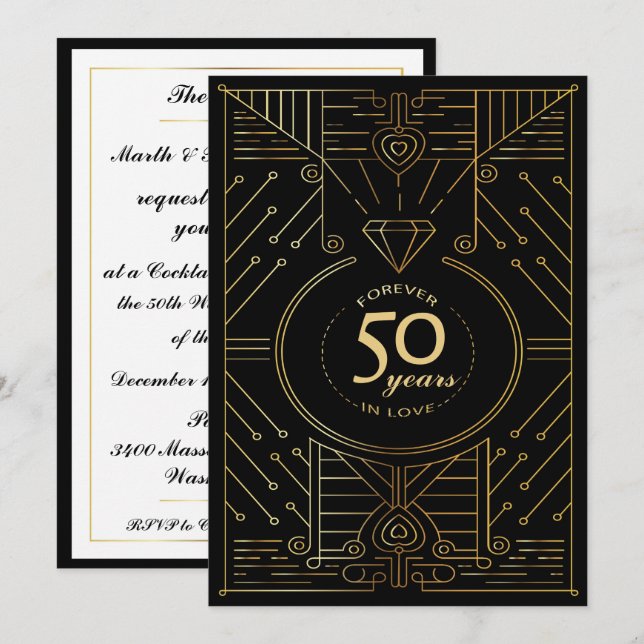 Exquisite Art Deco 50 Jubiläum Einladung (Vorne/Hinten)