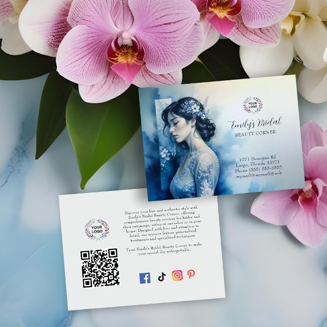 Exquisite Beautiful Bride In Blue Bridal Business Visitenkarte (Exquisite Beautiful Bride In Blue For Bridal Business with QR Code and Network Icons Business Cards.)