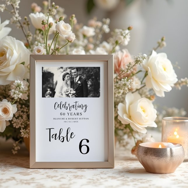 Exquisite Black White Elegant Wedding Anniversarie Tischnummer (Exquisite Black & White Elegant Wedding Anniversarie 2 Photos Table Numbers Cards.)
