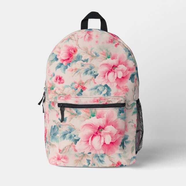 Exquisite Blume in sanftrosa und Blätter in Cerule Bedruckter Rucksack (Vorderseite)