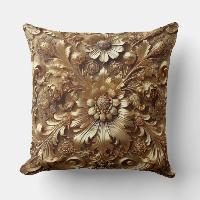 Exquisite Blumenmotive im luxuriösen Golden Barock Kissen (Vorderseite)