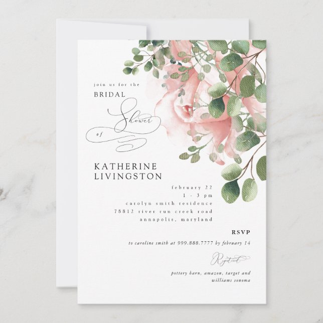 Exquisite Blush Bloral Elegantes Brautparty Einladung (Vorderseite)