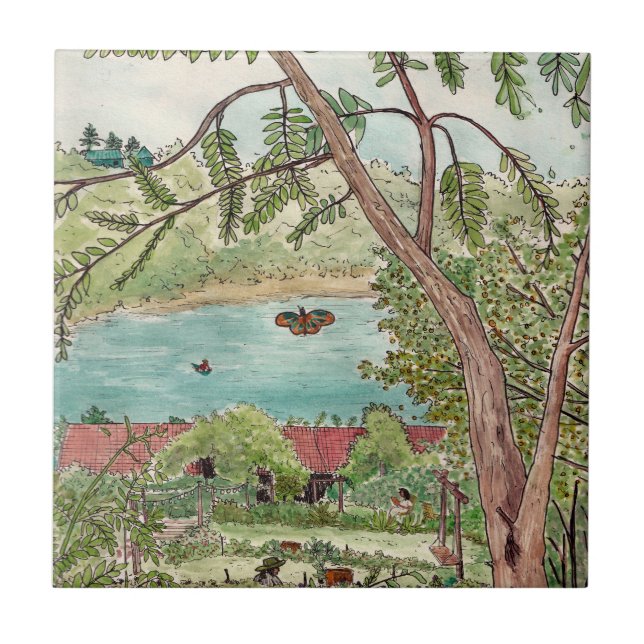 Exquisite Botanischer Garten Oase Watercolor Fliese (Vorderseite)