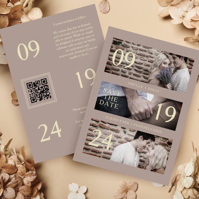 Exquisite Brown Gold Trend Modern 3 Wedding Photos Save The Date (Exquisite Brown & Faux Gold Trendy Modern 3 Wedding Photos Collage Save the Date with Envelope. )