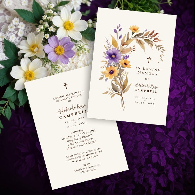 Exquisite Cherish Purple & Yellow Floral Bouquet  Einladung (Exquisite Cherish Purple & Yellow Floral Bouquet Funeral Dear Ones Invitations Cards.)
