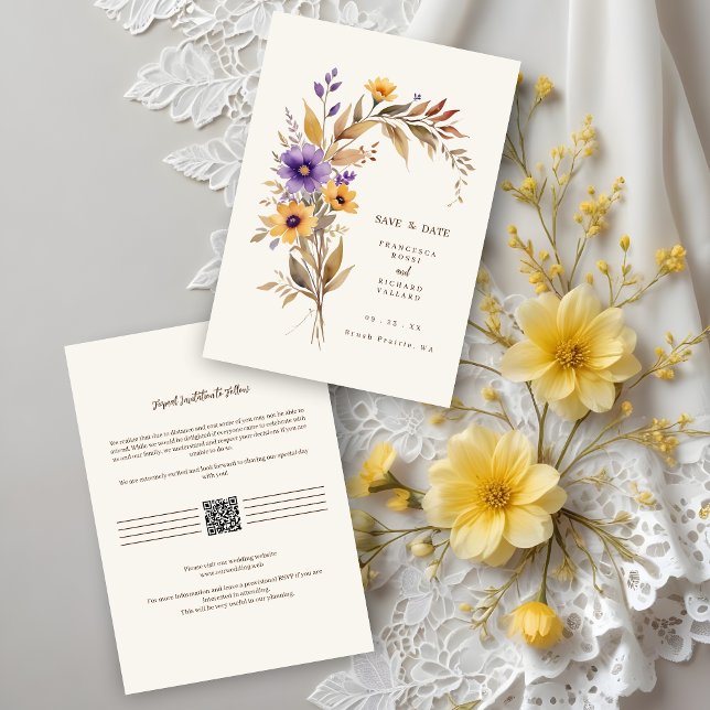 Exquisite Cherish Purple & Yellow Floral Bouquet Save The Date (Exquisite Cherish Purple & Yellow Floral Bouquet Wedding Save de Dates Cards with QR Code.)
