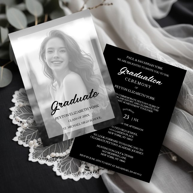 Exquisite Delicate Minimalist Black & White Photo Einladung (Exquisite Delicate Minimal Black & White Photo with Vellum Translucent Effect Graduation Invitation.)