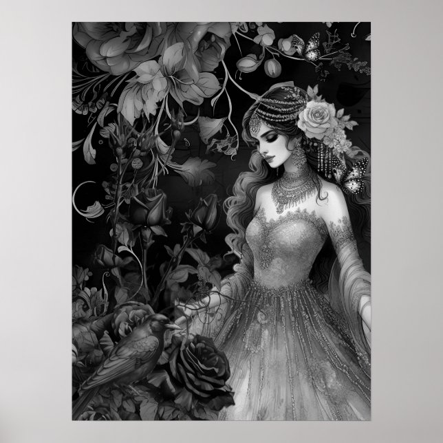 Exquisite dunkle monochrome Beauty-Rose & Raven Poster (Vorne)