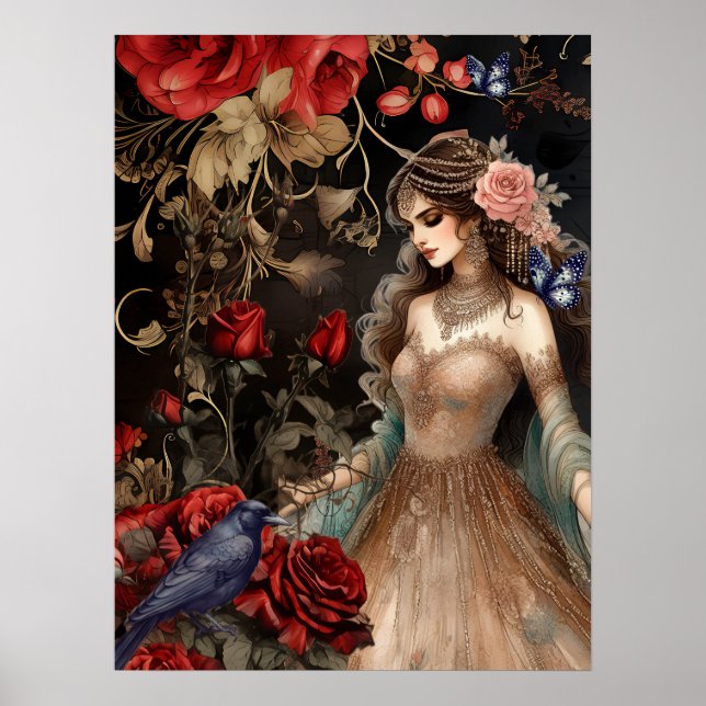 Exquisite Dunkle Schönheit Rote Rosen & Raven Poster (Vorne)