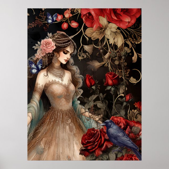 Exquisite Dunkle Schönheit Rote Rosen & Raven Poster (Vorne)