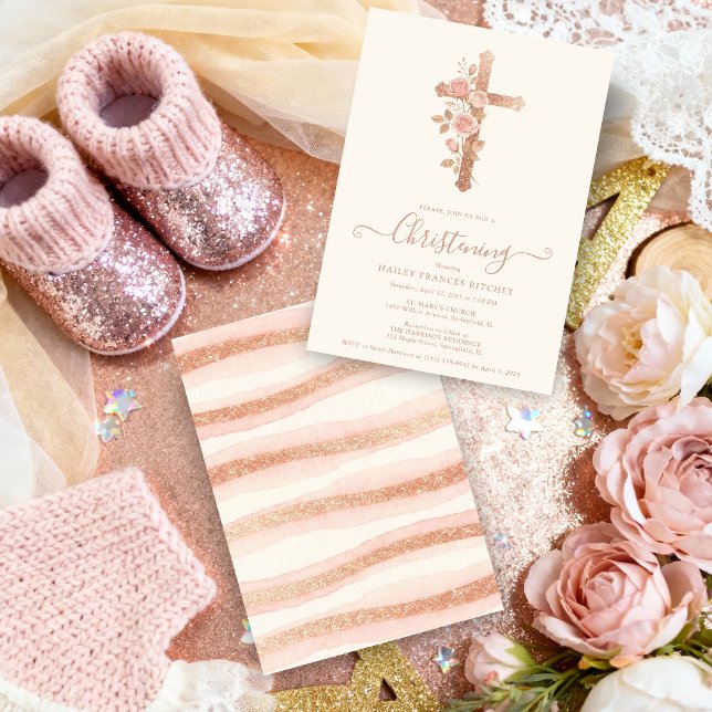 Exquisite Floral Glitter Cross Romantic Rose Gold Einladung (Rose Gold Glitter Delicate Floral Christian Cross Romantic Style Christening Invitation Cards.)