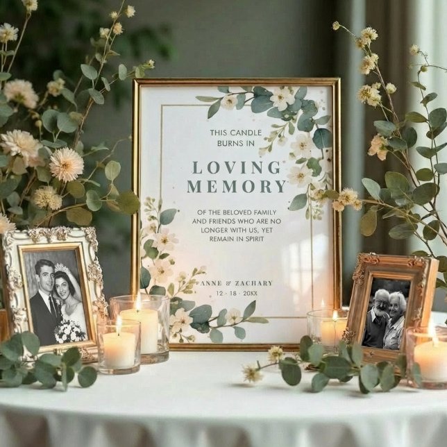 Exquisite Flowers & Eucalyptus Wedding Memorial Poster (Delicate Flowers & Eucalyptus Wedding Memorial Loved Ones Frame Posters with Garden Inspired Design.)