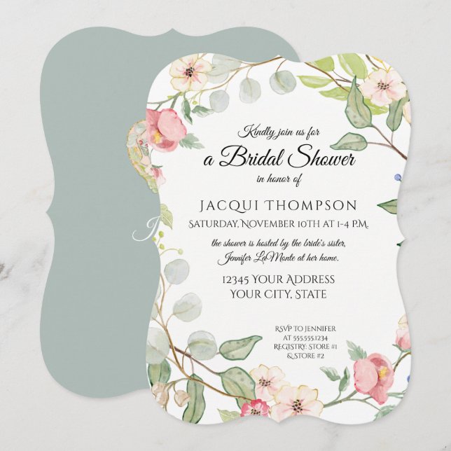 Exquisite Foliage Silver Sage Wilde Rose Wasserfar Einladung (Vorne/Hinten)