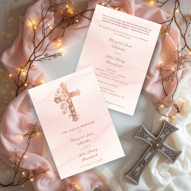 Exquisite Glitter Pink Floral Christian Cross Einladung (Exquisite Glitter Pastel Pink Floral Christian Cross Wedding Invitation Cards.)