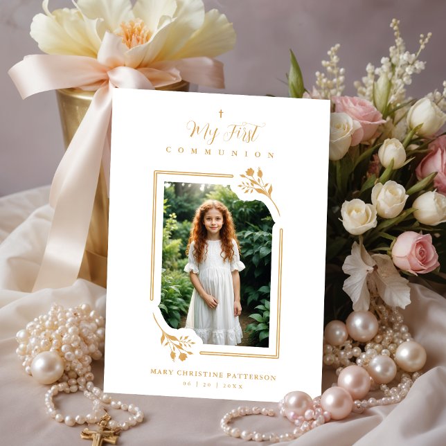 Exquisite Gold Botanical Frame First Communion Einladung (Exquisite Romantic Faux Gold Floral Botanical Frame with Photo My First Communion Invitations Cards.)