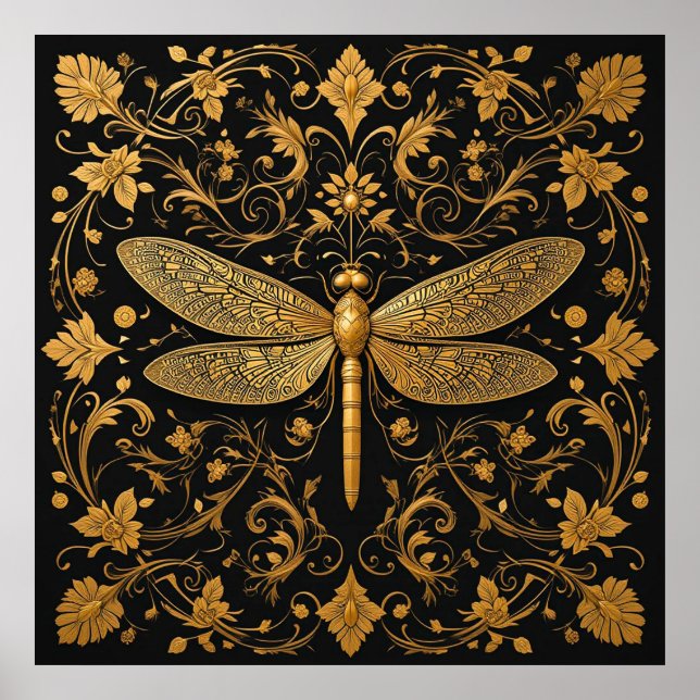 Exquisite Goldene Drachenfliege mit floraler Kunst Poster (Vorne)