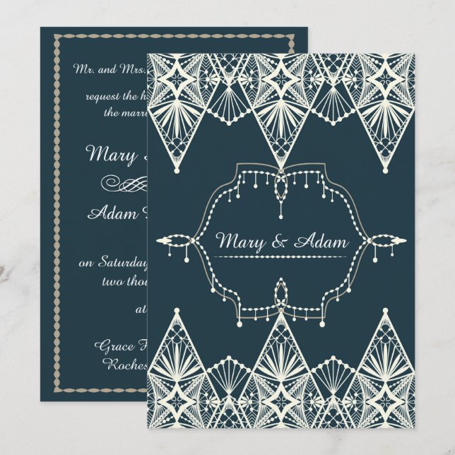 Exquisite Hochzeitskunst im Déco Stil Einladung zu (Vorne/Hinten)