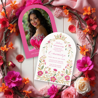 Exquisite Hot Pink Spanish Quinces Floral Border Einladung