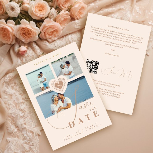 Exquisite Imitate Lace Heart Champagne 3 Multi-Fot Save The Date (Exquisite Faux Lace Heart Champagne 3 Multi-Photo Collage Wedding Save the Date Card.)