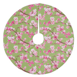 Exquisite Kirschblüten Florals auf Chartreuse Fleece Weihnachtsbaumdecke