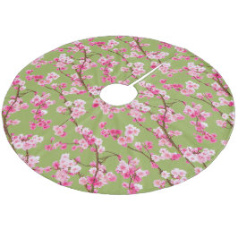 Exquisite Kirschblüten Florals auf Chartreuse Fleece Weihnachtsbaumdecke