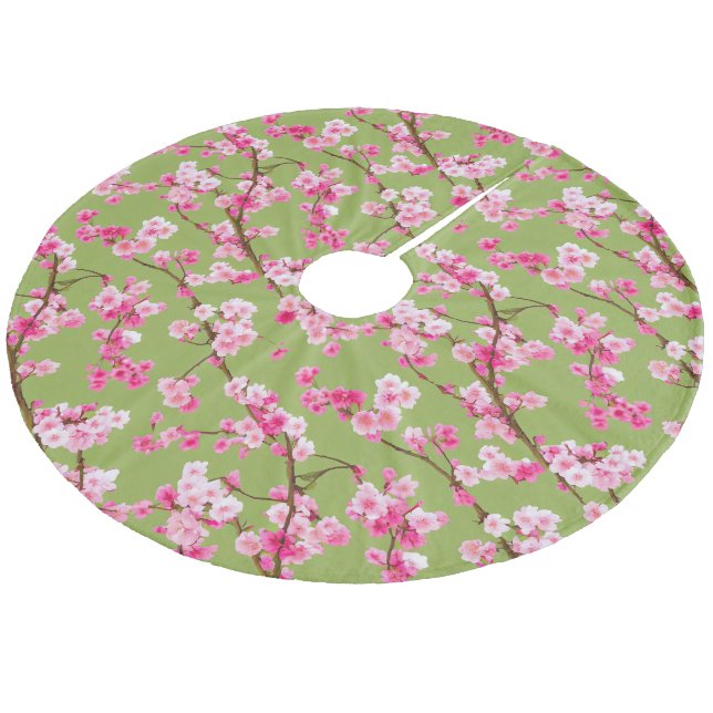 Exquisite Kirschblüten Florals auf Chartreuse Fleece Weihnachtsbaumdecke (Schrägansicht)