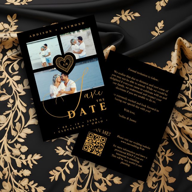 Exquisite Lace Gold & Black 3 Multi-Fotos Save The Date (Exquisite Faux Lace Gold and Black 3 Multi Photos Collage Wedding Save the Date Card. )