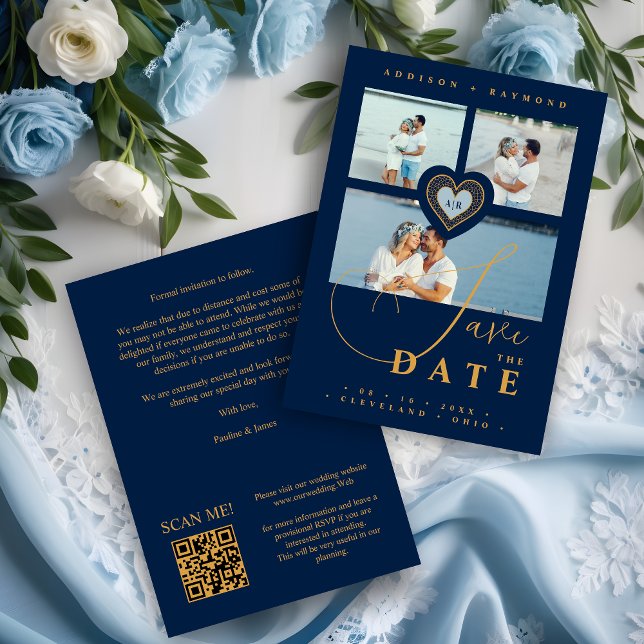 Exquisite Lace Gold & Navy Blue 3 Multi-Fotos Save The Date (Exquisite Faux Lace Gold and Navy Blue 3 Multi Photos Collage Wedding Save the Date Card.)
