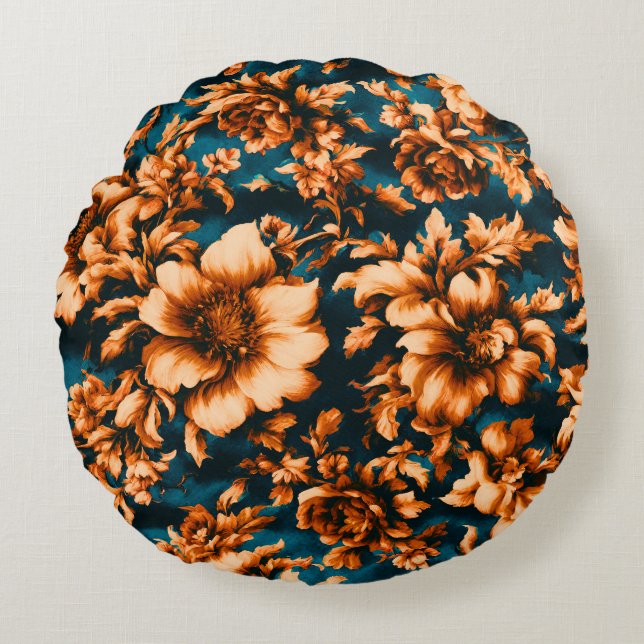 Exquisite luxuriöse Golden Blume, Blätter auf Blue Rundes Kissen (Vorderseite)