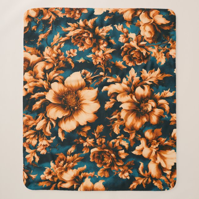 Exquisite luxuriöse Golden Blume, Blätter auf Blue Sherpadecke (Vorderseite)