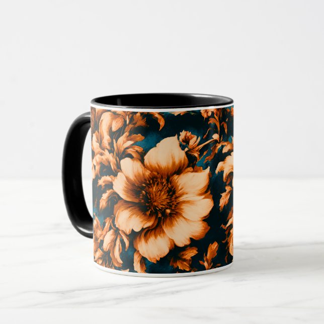 Exquisite luxuriöse Golden Blume, Blätter auf Blue Tasse (Vorderseite Links)