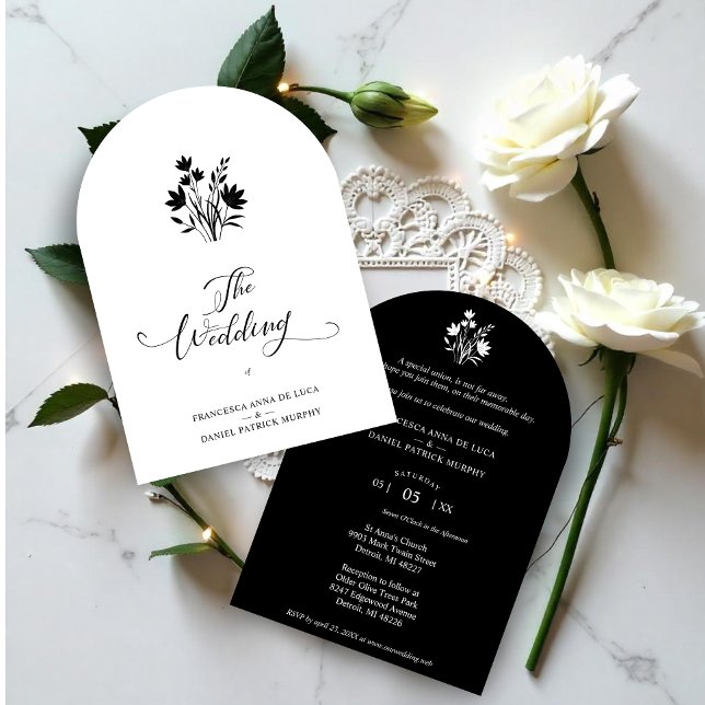 Exquisite Minimalist Black and White Wildflowers  Einladung (Exquisite Minimalist Black and White Wildflowers Bunch Wedding Invitations Cards.)