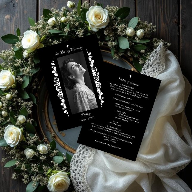 Exquisite Minimalist Floral Black & White Floral Programm (Exquisite Minimalist Floral Black & White Floral Garlands Funeral Programs.)