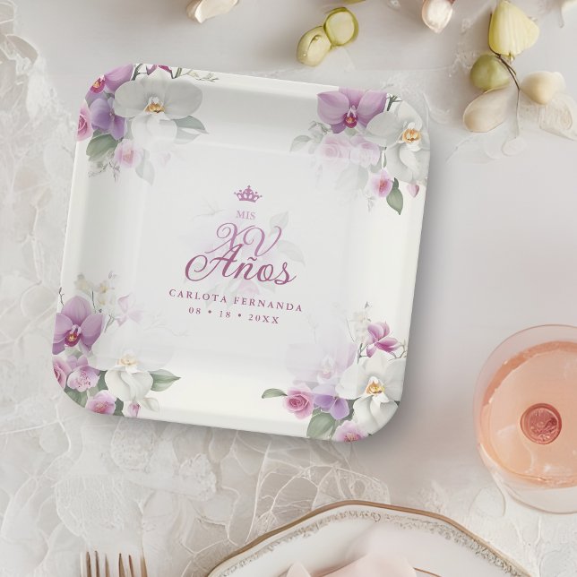 Exquisite Mis XV Años Spanische Orchideen Pappteller (Romantic Exquisite Mis XV Años Spanish Floral Orchids Bouquets in Pink shades Paper Plates. )