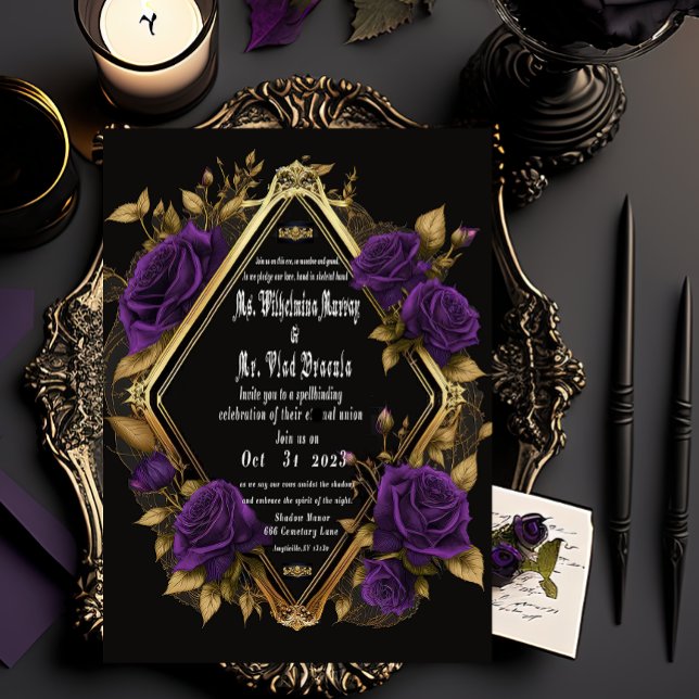 Exquisite Moody Lila & Gold Gothic Wedding Folieneinladung (Von Creator hochgeladen)