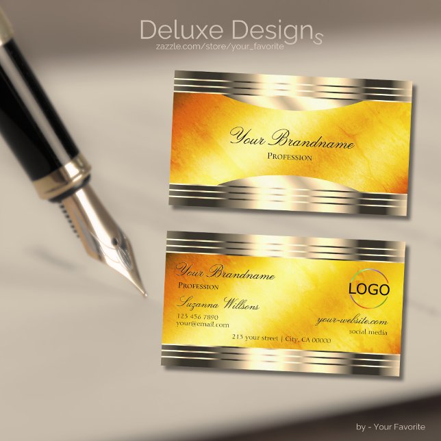 Exquisite Orange Marble Gold Borders and Logo Luxe Visitenkarte (Von Creator hochgeladen)