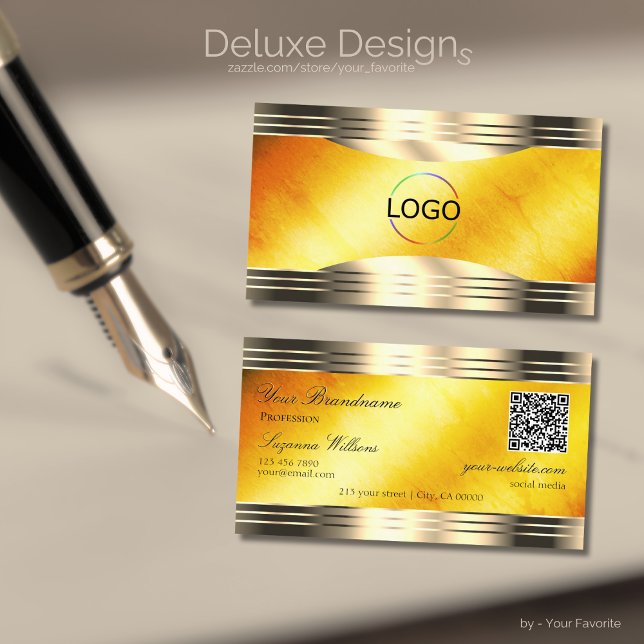 Exquisite Orange Marble Gold Borders Logo QR Code Visitenkarte (Von Creator hochgeladen)