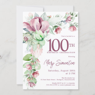 Exquisite Pink Mauve Floral 100. Geburtstag Einladung