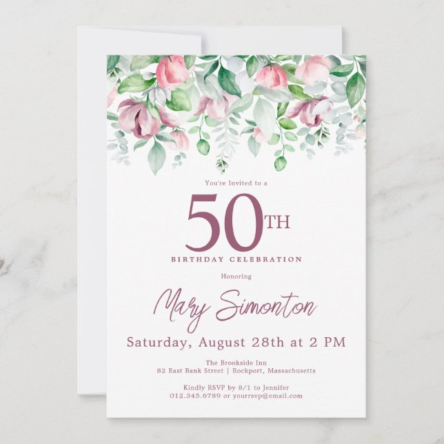 Exquisite Pink Mauve Floral 50. Geburtstag Einladung (Vorderseite)