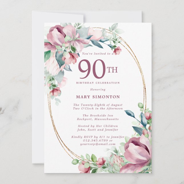 Exquisite Pink Mauve Floral 90. Geburtstag Einladung (Vorderseite)