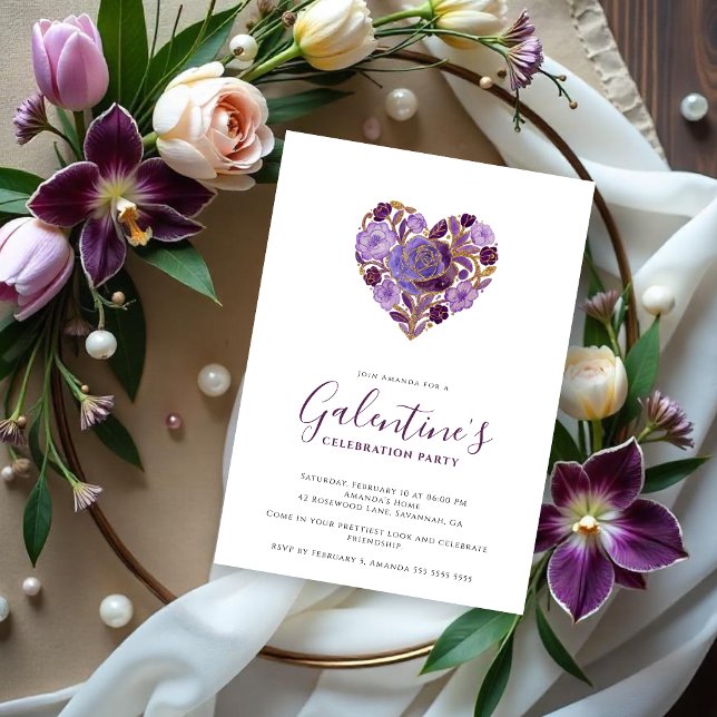 Exquisite Purple Floral Heart Galentine's Day Einladung (Exquisite Floral Heart Galentine's Day Party Invitation Cards for Your Best Friends in Purple Shades)