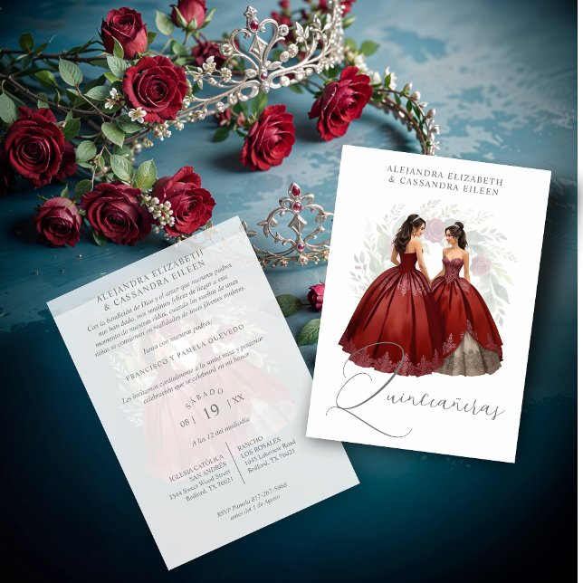 Exquisite Romantic Spanish Quinceañera Dolls Twins Einladung (Exquisite Romantic Spanish Quinceañera Dolls Twins Burgundy Invitations Cards.)