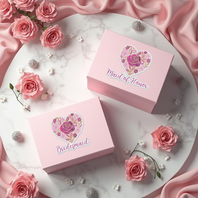 Exquisite rosa florale Herz Braut- Aufkleber (Exquisite Pink Floral Heart Bridal Party Custom-Shaped Vinyl Stickers. )