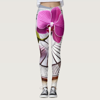 Exquisite rosa Orchideen-Erholungen auf Silberplat Leggings