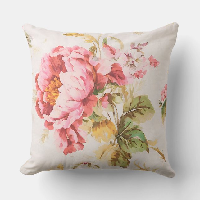 Exquisite Rosa und Gelbe Blumen. Shabby Chic Kissen (Vorderseite)