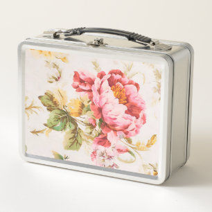 Exquisite Rosa und Gelbe Blumen. Shabby Chic Metall Brotdose